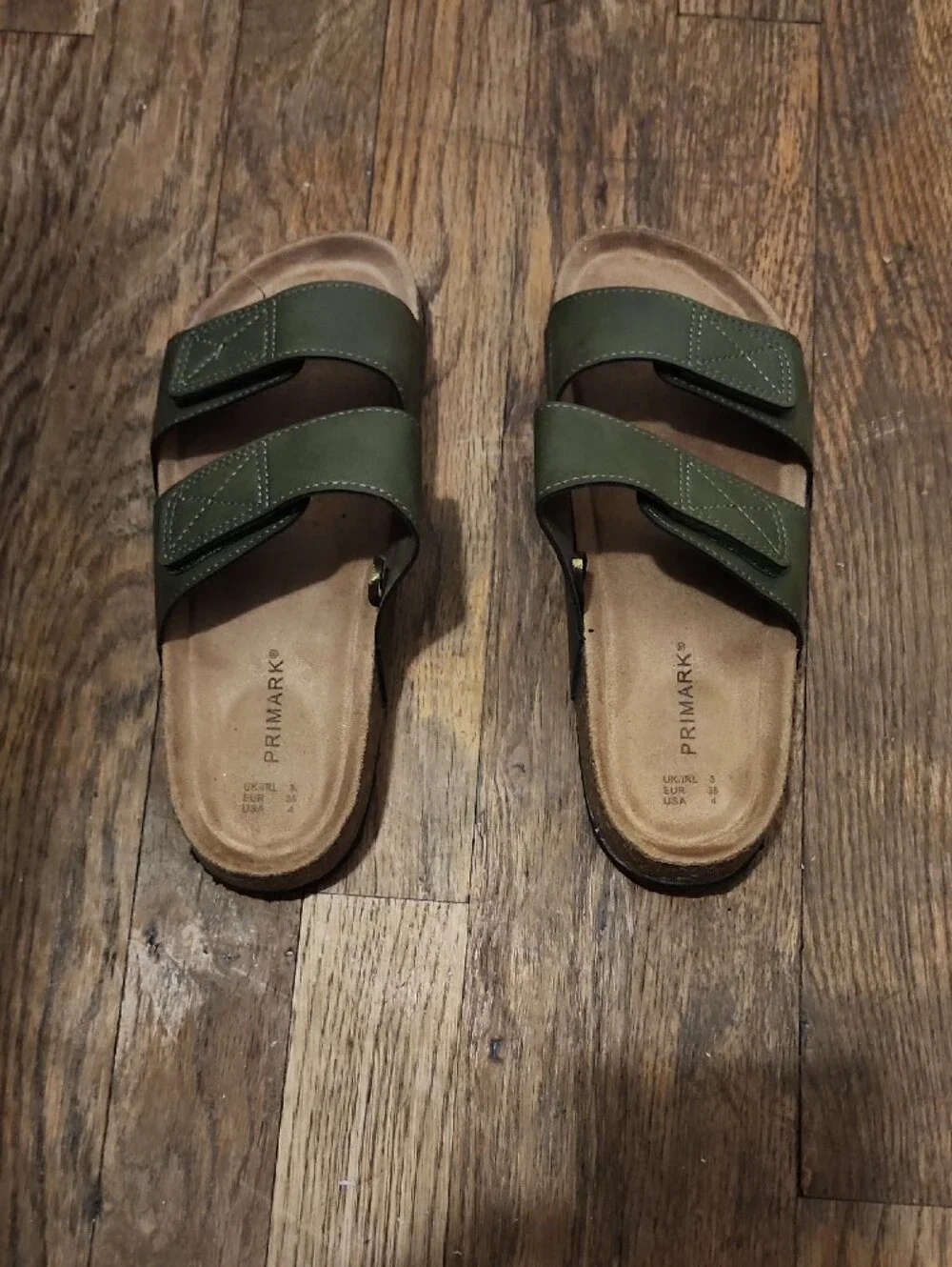 Green double-strap slide sandals from Primark, size 4